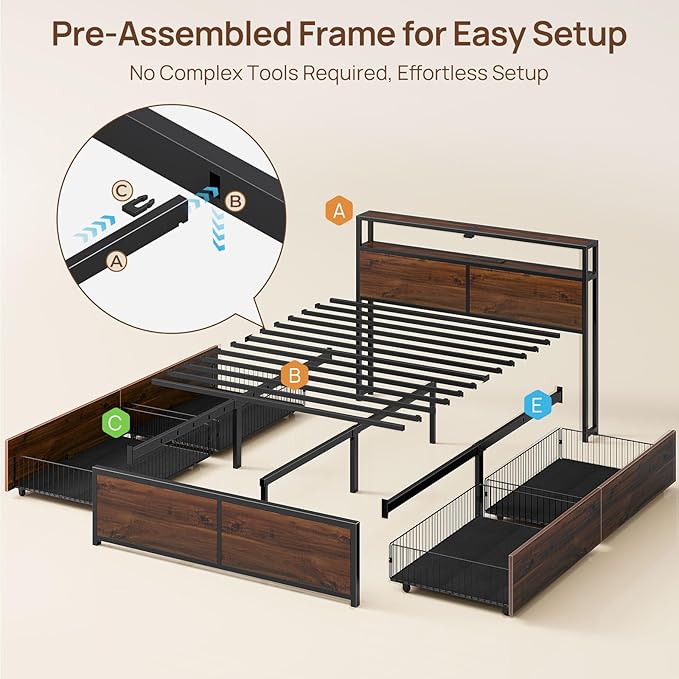Rolanstar Queen Bed Frame with 4 Storage Drawers & 2-Tier Storage Headboard, Metal Platform Bed Frame with Charging Station & LED Lights, Noise-Free, No Box Spring Needed, Easy Assembly, Espresso