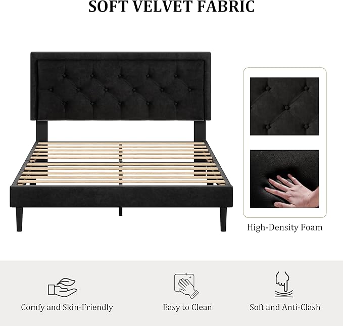 CXVX Queen Size Platform Bed Frame with Upholstered Velvet Button Tufted Headboard, Mattress Foundation with Wooden Slat Support, No Box Spring Needed, Easy Assembly, Noise Free, Black
