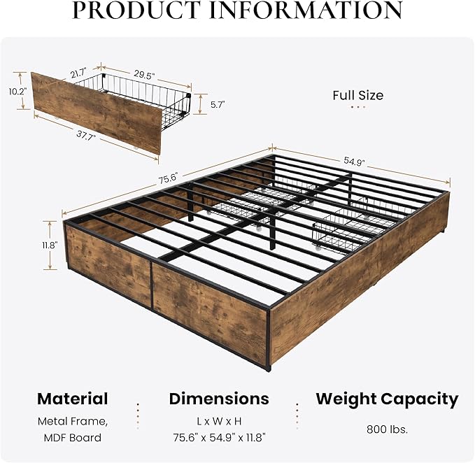 SHA CERLIN Full Platform Bed Frame with 2 Large Storage Drawers, Rustic Wood and Metal, Noise-Free, Easy Assembly, No Box Spring Needed, Brown