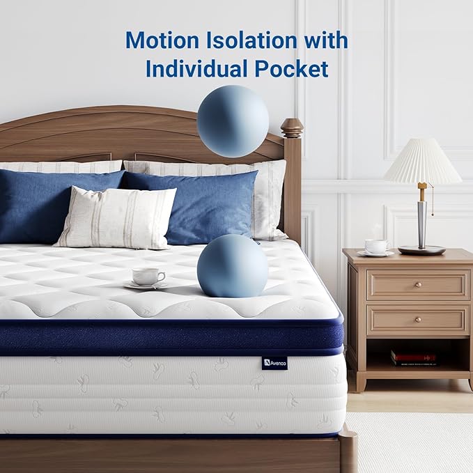Avenco King Size Mattress, Hybrid King Mattress in a Box, 14 Inch King Size Mattresses with Comfort Foam and Pocket Coils for Pressure Relief Motion Isolation