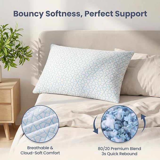 Alkyonos Cooling Pillow for Sleeping：Adjustable Shredded Memory Foam Bed Pillow,King Size Set of 2 with Ice Cover, Breathable & Supportive for Side, Back and Stomach Sleepers