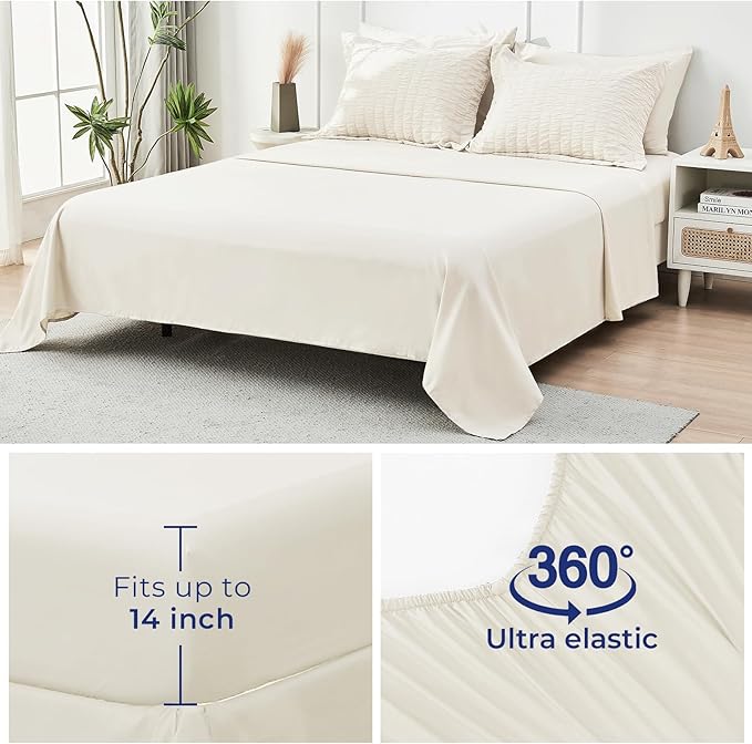 HYMOKEGE Ivory Oversized King Comforter Set Seersucker 7 Pieces, All Season Luxury Bed in a Bag for Bedroom, Bedding Set with Comforter, Sheets, Pillowcases & Shams
