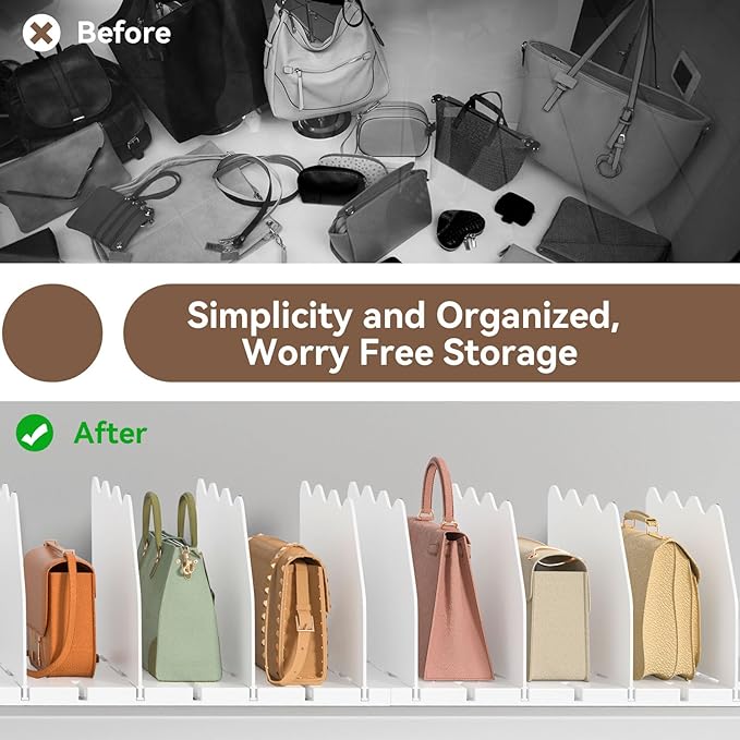 SOYO Adjustable Clear Purse Organizers for Closet, Acrylic Shelf Divider for Bag and Purse Storage, Clear Pocketbook and Handbag Organizer, Bookshelf Separator Organizers for House, Office Use, White