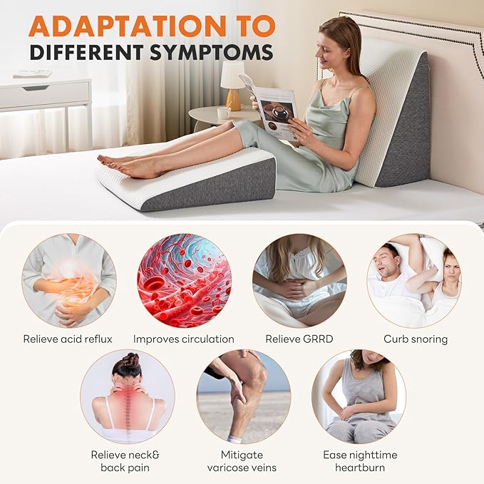 Sweetcrispy 7.5 Inch Wedge Pillow, Body Pillow for Sleep Apnea, Neck Pain Relief, Post Surgery, Sleeping Comfort, Snoring, White & Grey