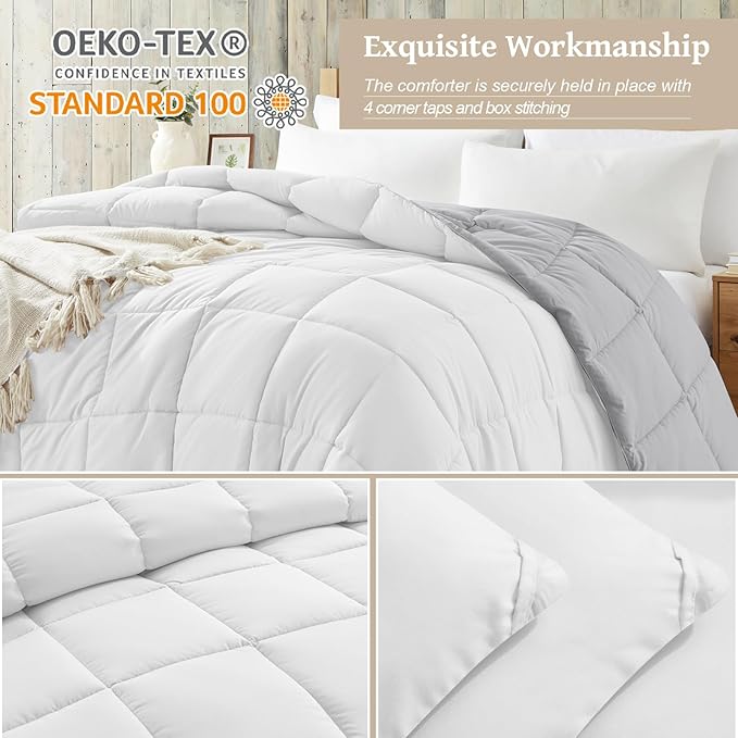 Homelike Moment Comforter King Size - Grey Duvet Insert Down Alternative Bed King Comforter, Lightweight Bedding Comforters Quilted Soft All Season Reversible White/Light Gray