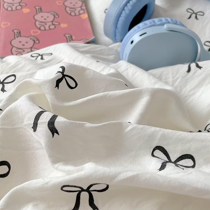mixinni Vintage Bowknot Pattern Duvet Cover Set - Twin Size, 3 Pieces (1 Duvet Cover + 2 Pillowcases) - Boho Chic Black Bow Design Bedding with Zipper Closure for Girls & Women