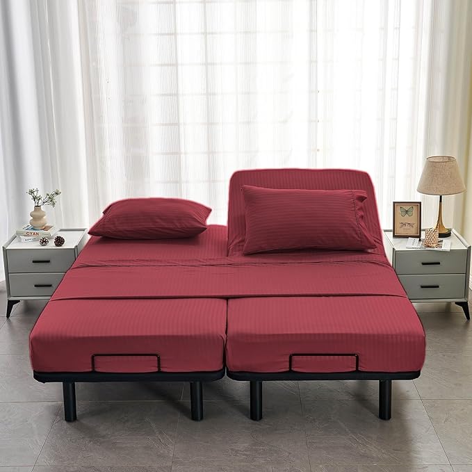 Kingnex Striped Split California King Sheets Sets for Adjustable Bed with Deep Pocket 5 Pieces Include 2 Cali Twin XL Fitted Sheets 1 Flat Sheet 2 King Size Pillowcases Burgundy