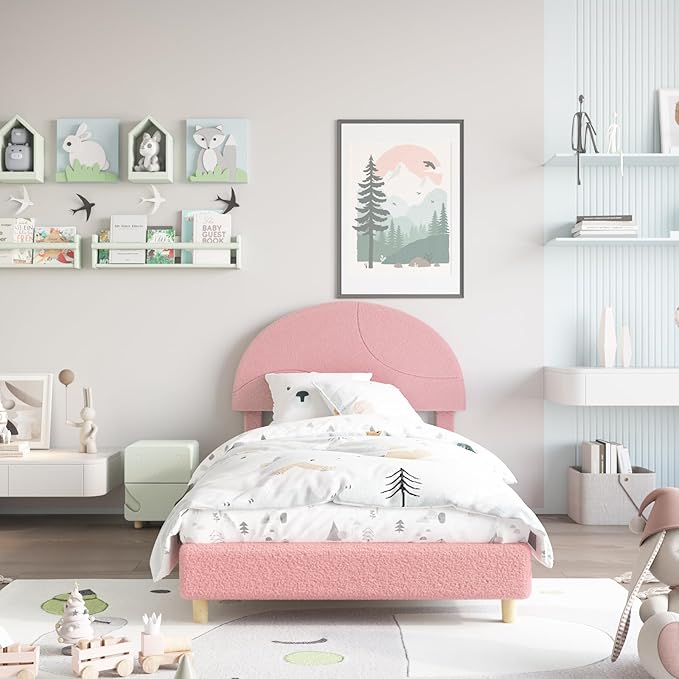 Garvee Twin Bed Frame with Round Boucle Headboard, Upholstered Arch-Shaped Design in Soft Pink, Modern Bed with Wooden Slats, No Box Spring Required and Easy Assembly