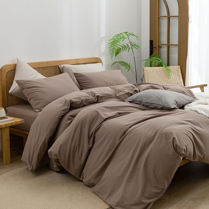 BESTOUCH Duvet Cover Set 100% Washed Cotton Linen Feel Super Soft Comfortable Chic Lightweight 3 PCs Home Bedding Set Solid Pine Bark Brown Alaska King
