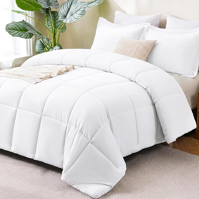 CozyLux Super King Plus Comforter Set, 270GSM White Bedding Sets for All Seasons, 3 Pieces Box Stitched 128x120 Bed Set with 1 Down Alternative Comforter and 2 Pillow Shams, Soft, Lightweight