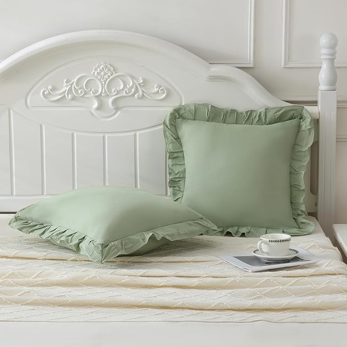 Merryword Green Pillowcases 18x18 Sage Green Throw Pillow Covers Pack of 2 Ruffle Pillowcase Cushion for Couch Sofa Bedroom