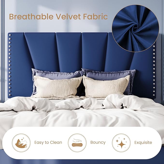 SHA CERLIN Full Size Bed Frame with Adjustable Upholstered Velvet Rivets Headboard, Sturdy Wooden Slats, Strong Platform Support for Mattress, No Box Spring Needed, Easy Assembly, Blue
