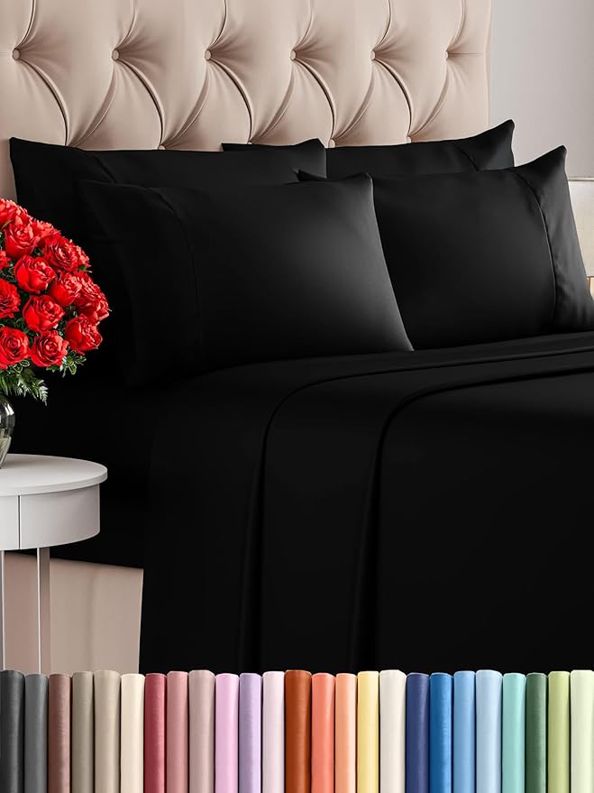 King 6 Piece Sheet Set - Comfy, Breathable & Cooling - Soft Hotel Luxury Bedding for Women, Men, Kids, Teens & Children - 1 Flat & 1 Fitted Sheet & 4 Pillowcases w/ Deep Pockets - Wrinkle Free - Black