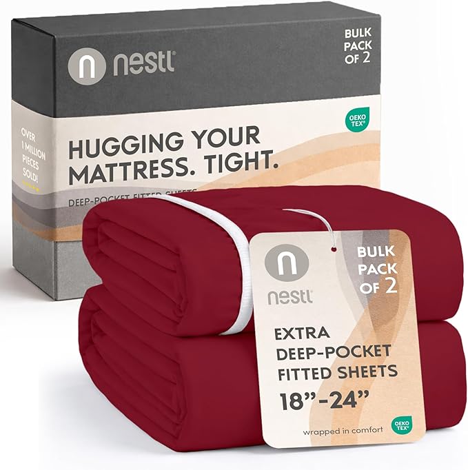 Nestl 2 Pack Burgundy Red Fitted Sheet Extra Deep Pocket, Hotel Luxury QueenFitted Sheet Only Easily Fits 18 to 24 Inch Mattress, Super Soft, Wrinkle-Free and Breathable with Corner Straps