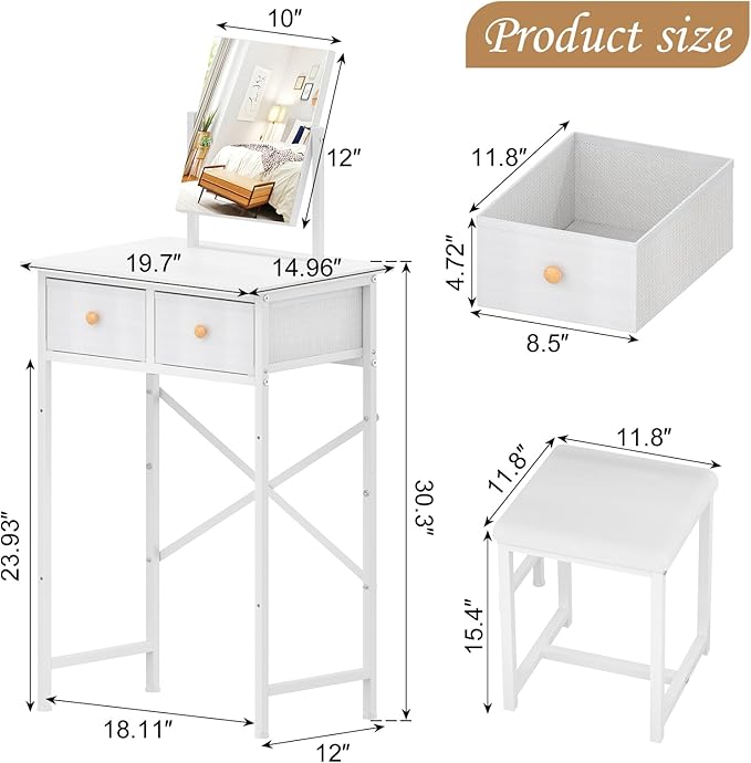 X-cosrack Small Makeup Vanity Desk with Mirror & Chair, Mini Vanity Desk Table Set with Fabric Storage Drawer, 19.7" Compact Vanity Desk for Kids, Girls, Dressing Table with Chair for Bedroom, White