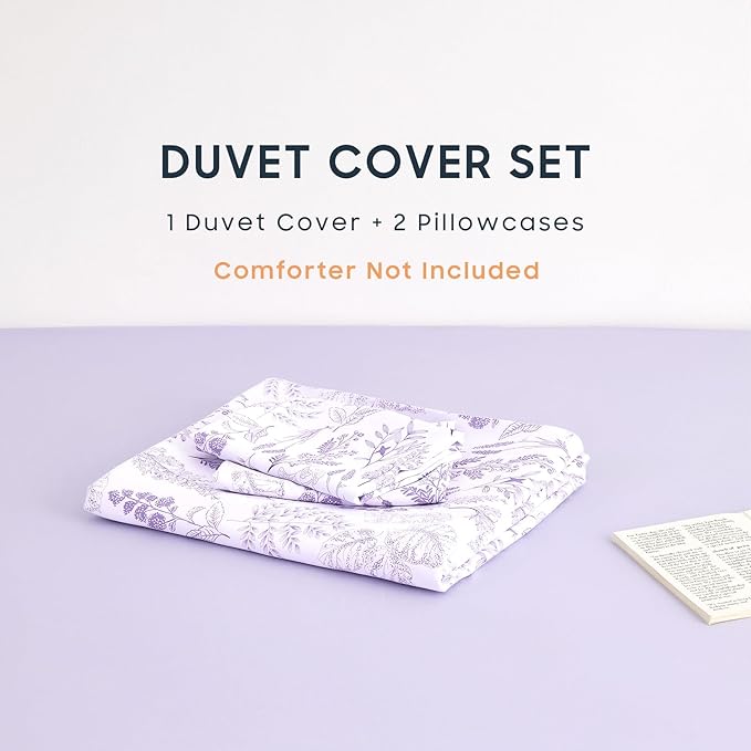 Wake In Cloud - Floral Duvet Cover Set, Botanical Vintage Flower Coquette Cottagecore Aesthetic for Women Teen Girls, Soft Lightweight Bedding, 3-Piece, Lilac, Full Size