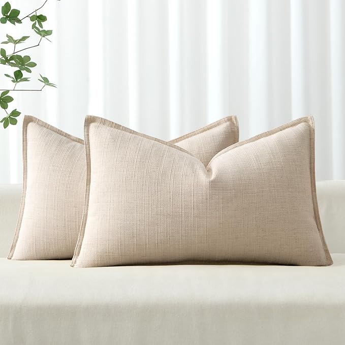 MIULEE Pack of 2 Thick Textured Lumbar Throw Pillow Covers, Natural Linen Decorative Pillow Covers 12x20, Neutral Cushion Cases for Couch Sofa Bed Living Room Modern Farmhouse Home Decor, No Filling