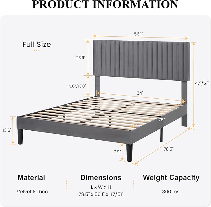 SHA CERLIN Full Upholstered Platform Bed Frame with Vertical Channel Tufted Velvet Fabric Adjustable Headboard, Wooden Slats Support, Mattress Foundation, Box Spring Optional, Grey