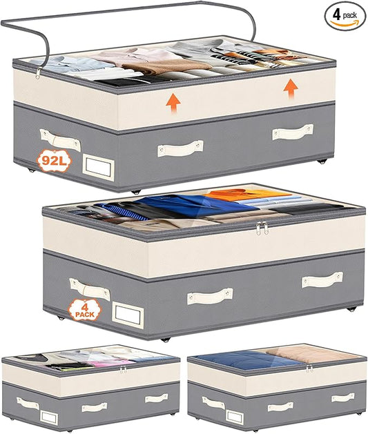 Dolicer 4 Pack Under Bed Storage with Wheels, 6in-10in Height Adjustable Underbed Storage Containers, 92L XXXL Under Bed Drawers Rolling Bin with Clear Lids for Dorm Shoes Clothes Organizers(Grey)