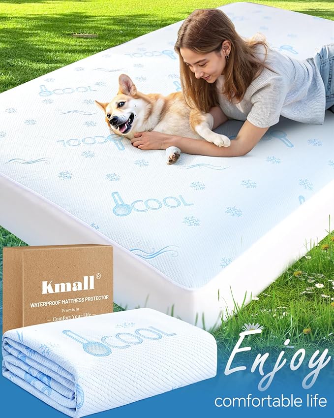 Kmall Cooling Queen Size Mattress Protector - 100% Waterproof & Breathable Cool 3D Air Fabric Bed Mattress Cover, Ultra Soft Noiseless Mattress Pad for 8"-21" Deep Pocket, Machine Washable (White)