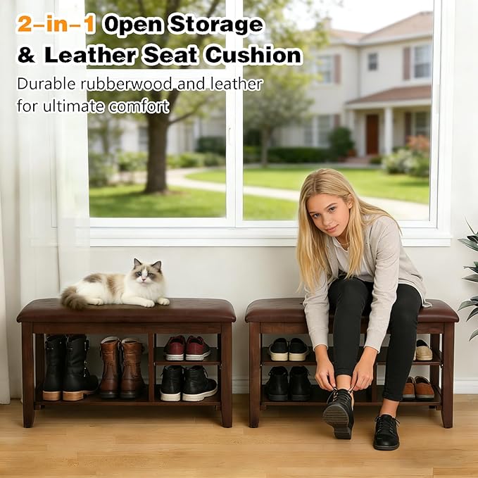 PY HOME & SPORTS Shoe Rack for Entryway 31.5": 2-Tier Shoe Storage Bench, Adjustable/Removable Shelves, Rubberwood Shoe Benches for Hallway, Porch, Bathroom, Brown
