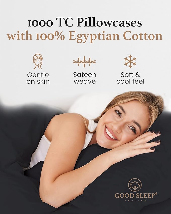 1000 TC Black King Pillowcases Set of 2 100% Egyptian Cotton Pillow Cases with Long Staple Cotton & Sateen Weave, Silky Soft Hotel - Like Bed Pillow Covers for Comfy Sleeping, Snug Fit