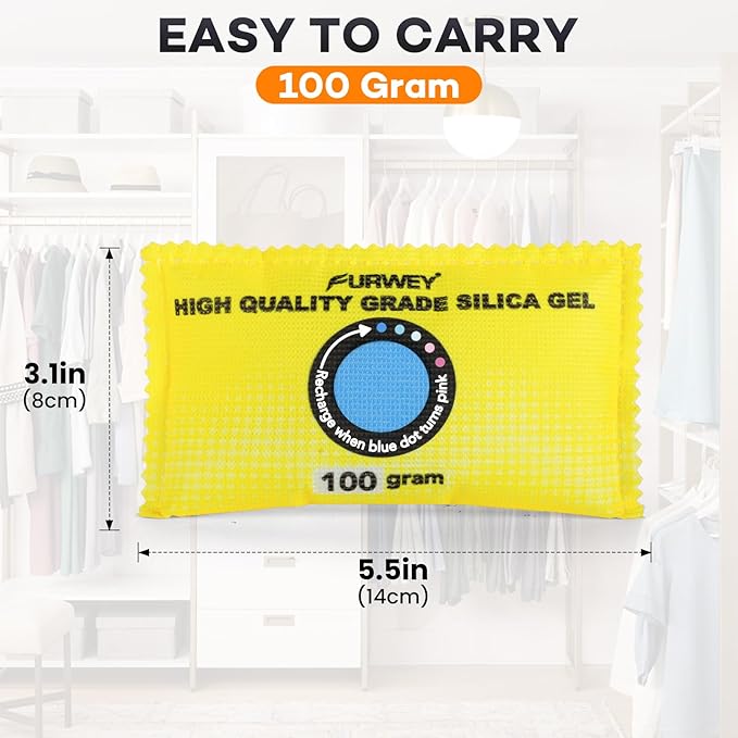 FURWEY 100g (12 Packs) Rechargeable Desiccant Packs for Storage, Color Indicating Silica Gel Desiccant Packets, Moisture absorbers for storage,Dehumidifier bag for Closets,Cars,Storage Bins