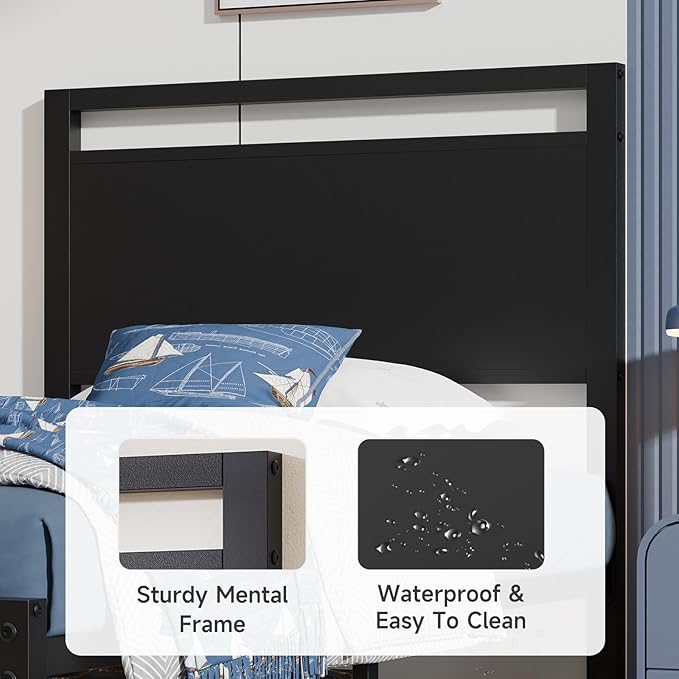 Z-hom Twin Metal Bed Frame with Wooden Headboard and Footboard, Heavy Duty Platform Frame with Metal Slats, No Box Spring Needed, Quiet and Non-Slip Design, Bed Storage for Small Bedroom,Black