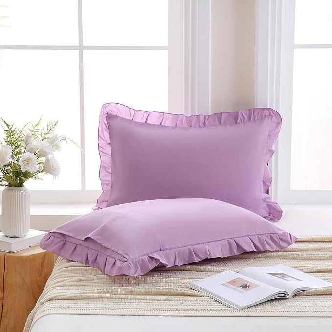 Merryword Lavender Purple Pillowcases King Size Ruffled Pillow Shams Set of 2 Cute Pillowcases Light Purple Shabby Chic Pillow Cover 2 Pack