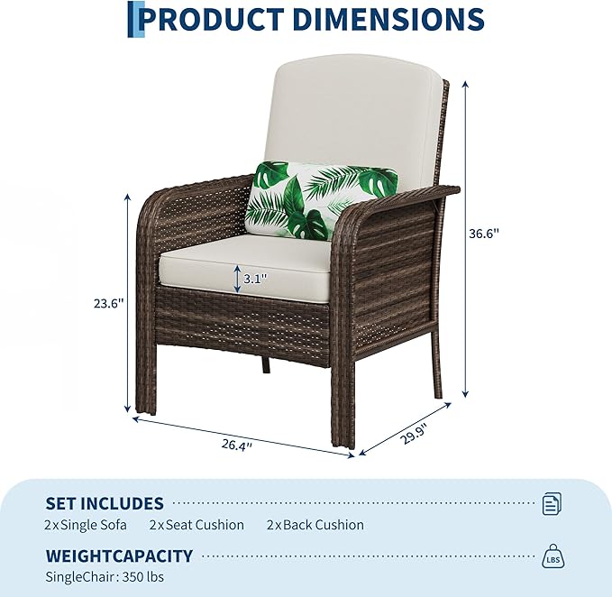 GarveeHome Outdoor Wicker Chairs Set of 2, All-Weather High Back Rattan Patio Furniture, 2-Piece Conversation Set with Comfy Cushions for Porch, Deck, Brown, Beige Cushion
