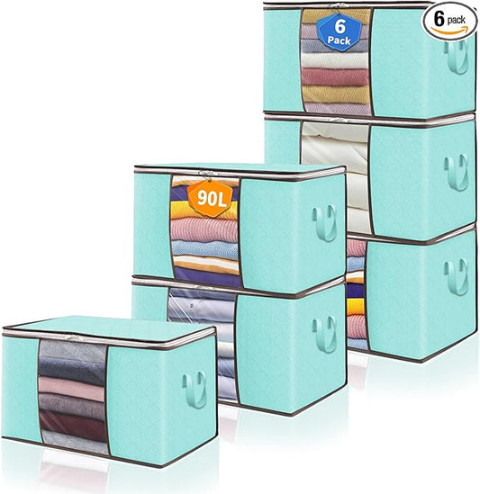 90L Clothes Blanket Storage Bags, 6 Pack Under Bed Storage Bins with Lids, Foldable Closet Organizer with Reinforced Handles for Clothing, Blanket, Comforters, Bed Sheets, Pillows and Toys, Blue