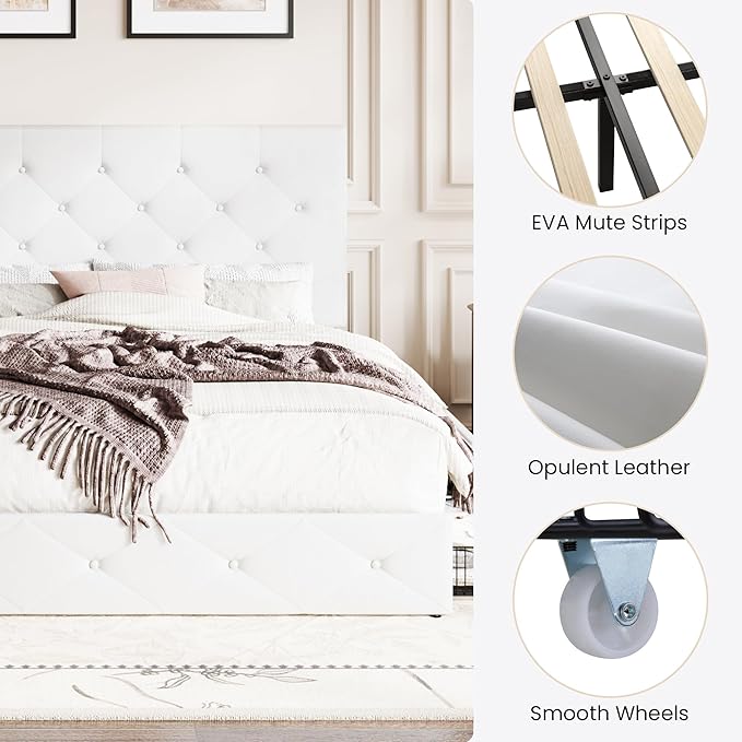 SHA CERLIN Upholstered Full Platform Storage Bed Frame with 4 Drawers, Adjustable Headboard with Faux Leather Diamond Button Tufted Design, Wooden Slat Support, No Box Spring Needed, White
