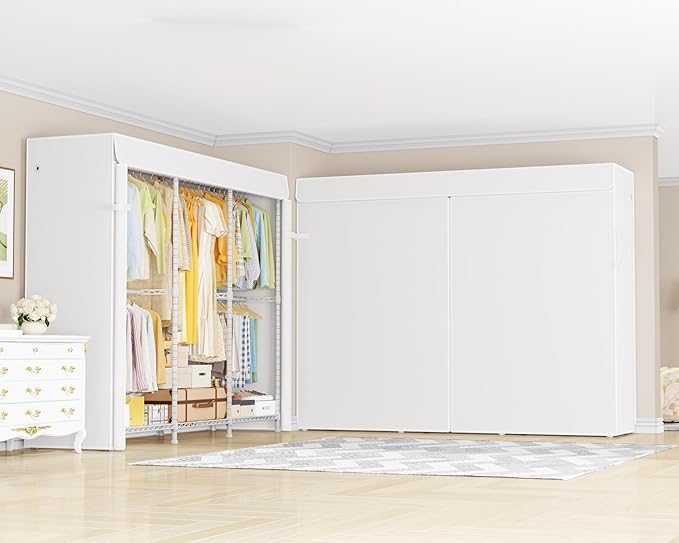 ULIFHOME E14C Pro Heavy Duty Closet Organizer System，Freestanding Clothing Racks for Hanging Clothes，Adjustable Garment Rack 70.1"W × 16.6"D × 76.4"H Hold 960 lbs，White Rack with White Dustproof Cover