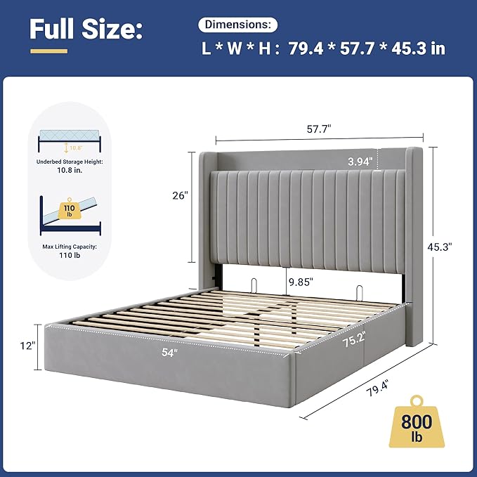 Allewie Full Size Lift Up Storage Bed Frame,Storage Shelf Headboard with Charging Station,Type-C and USB Ports,Hydraulic Support,Velvet Upholstered Bed Frame,No Box Spring Needed,Grey