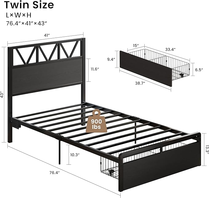 LIKIMIO Twin Bed Frames with Storage Drawer, Charging Station and LED Lights, Twin Bed Frame with 43" Headboard, No Box Spring Needed, Easy Assembly for Teen Room, Small Apartment, Bedroom, Black