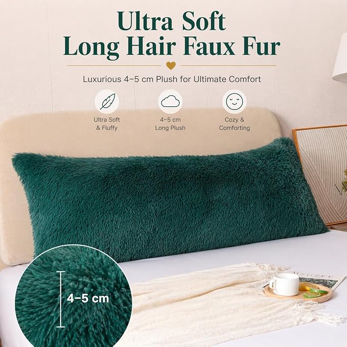 Reafort Luxury Faux Fur Body Pillow Cover 21" x 54", Long Hair PV Plush Body Pillow Case with Hidden Zipper Closure, Ultra Soft Fluffy Decorative Long Pillow Cover (Evergreen, Body)