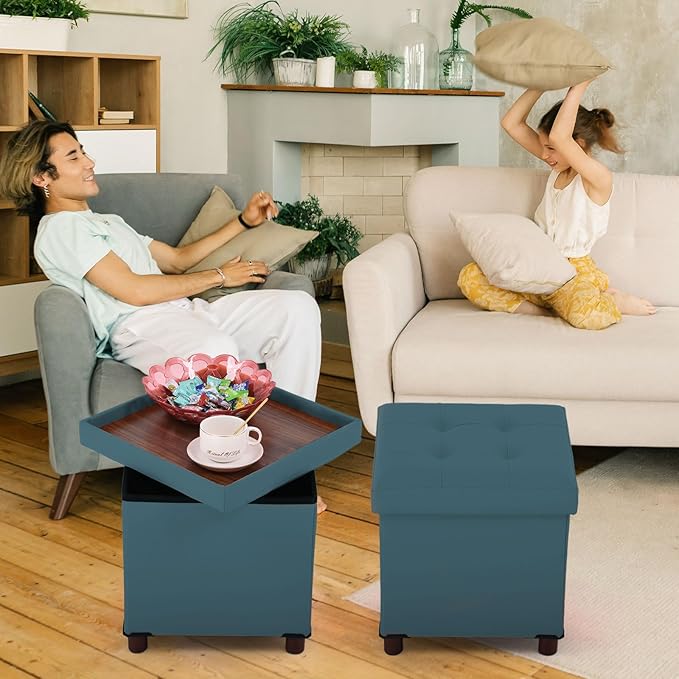 Dorriss Storage Ottoman, Ottoman with Storage for Living Room Ottoman Square Tray Bedroom Cube Foot Rest Stool with Legs Small Ottomans Coffee Table Lid Foldable Footstool Faxu Leather 15"