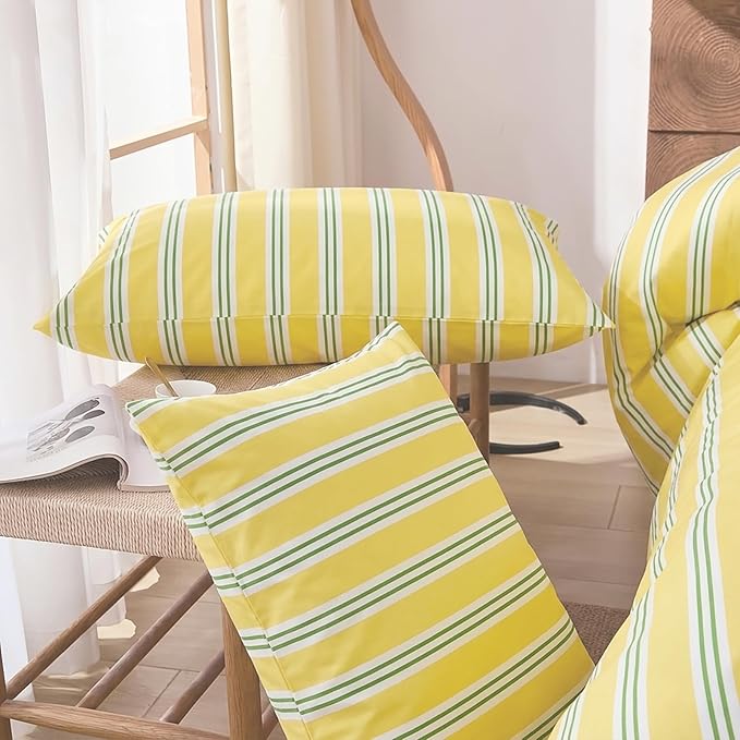 Merryword Queen Size Pillowcases, 100% Cotton Pillow Cases, Yellow and Green Striped Pillowcases, Soft Breathable Ribbon Stripe Pillow Covers, Set of 2