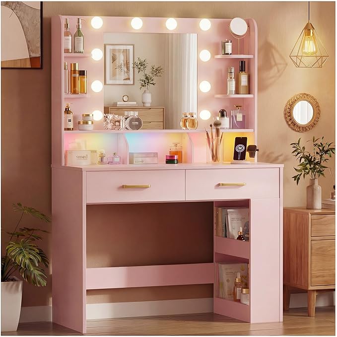 LUCKRACER Vanity Desk with LED Lights Mirror & Charging Station, Makeup Vanity with Storage Drawers and Shelves, Modern Dressing Table for Women Girls Bedroom, Pink