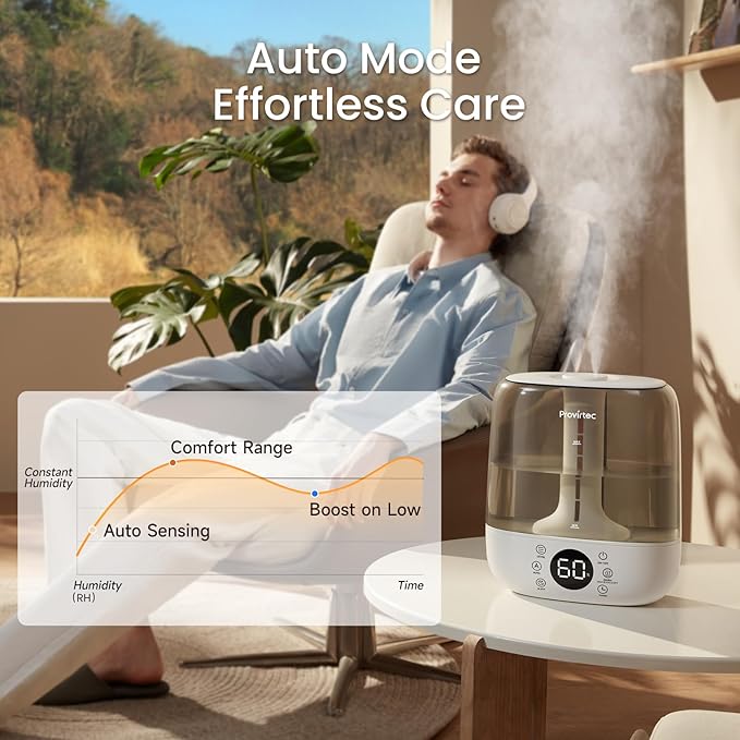 Provirtec 6L Self-Cleaning Humidifier for Large Room, CleanCare Warm & Cool Mist, No-Leak Design & Top Fill, 60 Hour Runtime, Quiet Ultrasonic Auto Mode with Remote Control for Bedroom & Home