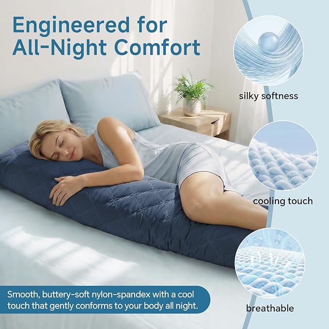 BEDELITE Cooling Body Pillow for Adults, Creative Ultra Soft Cool-Touch Quilted Nylon-Spandex Body Pillow Cover, Adjustable Memory Foam Long Pillow for Side Sleepers, Pregnancy & Back Pain(Navy Blue)