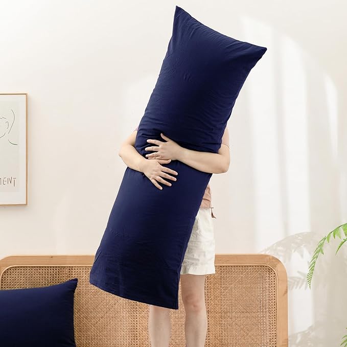 BESTOUCH 100% Washed Cotton Pillowcase for Hair and Skin Linen Feel Soft Comfortable Breathable 1 Pcs Pillow Case with Envelope Closure Solid Navy Blue Body 20x54 Inches