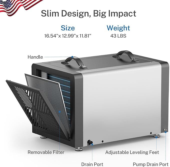 Yaufey 70 Pints Energy Star Commercial Dehumidifier with Pump for 5000 Sq. Ft. Crawl Space, Basement, Industrial, 10-90% RH Humidity Control, 24/7 Continuous Drainage, TUV Certified, 5-Year Coverage