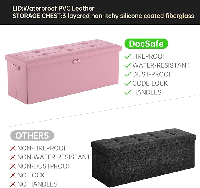 DocSafe Storage Ottoman Bench, Fireproof＆Waterproof Folding Bench with Lock(15”x 43”x15”), Leather Storage Chest with Handles＆2 Extra Boxes, Ottoman Safe for Bedroom,Living Room,Home Office, Pink