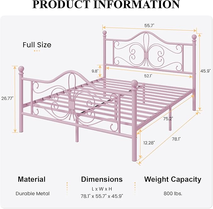 SHA CERLIN Full Size Bed Frame for Kids,Metal Bed Frame with Butterfly Pattern Design Headboard and Footboard,No Box Spring Needed,Easy Assembly,Pink