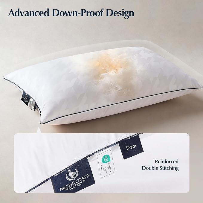 Pacific Coast White Goose Down Pillow, Extra Support Bed Pillow for Side Sleepers, Down Pillow King Size of 1 Pack, 450 Thread Count 100% Cotton Jacquard Fabric, Firm Supportive