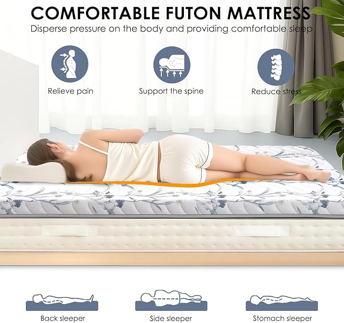 SCHNAUZER HOME Japanese Floor Mattress, 3.5" Thicken Ink Wash Floral Pattern Portable Futon Mattress, 100% High-Density Foam Tatami Mat Sleeping Pad for Camping Guest Room Dormitory RV, White, Full
