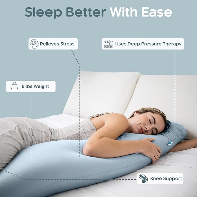 Weighted Body Pillow 8lbs - Weighted Pillow for Deeper Sleep (48" x 14") - Cooling Body Pillows for Adults, Side Sleeper Body Pillows with Cover (X-Large/Arctic Blue)