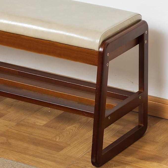 SOBIBO Shoe Bench with Storage - 2-Tier Entryway Bench, Solid Wood Shoe Rack with Cushion & Flip-Open Box, Mid-Century Modern for Hallway, Mudroom, Bedroom (Gray, 21.65'')