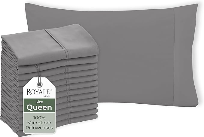 Royale Linens Grey Pillowcase Set of 12 - Queen 20"x30" Bed Pillow Cover - 1800 Brushed Microfiber - Wrinkle & Fade Resistant - Bulk Pillow Cases - Hotel Quality Pillowcase 12 Pack (Queen, Grey)